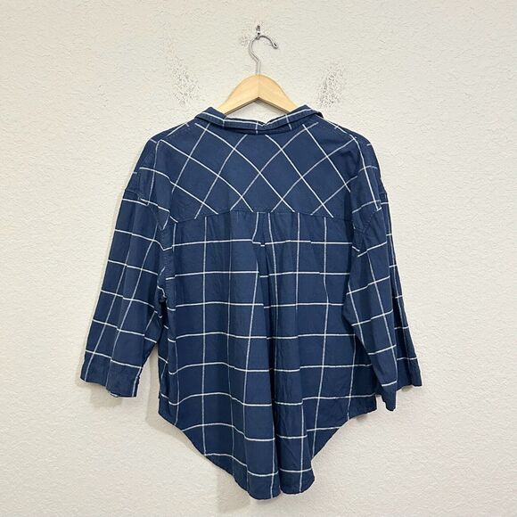 LUNYA Button Up Shirt Navy Blue Windowpane 3/4 Sleeve Cotton-Blend - Picture 2 of 9